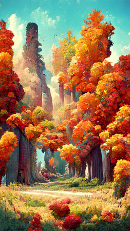 autumn forest in the sunny morningの写真素材
