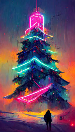 christmas snow christmas tree colorful neon lightsの写真素材