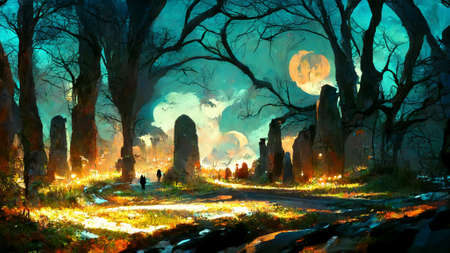 halloween night landscape illustration backgroundの写真素材