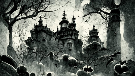 Halloween theme with pumpkins ghosts bats in the dark