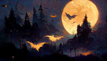 halloween forest theme bat flying moonlightの写真素材