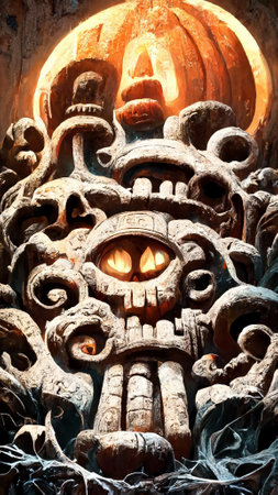 Mayan style halloween theme pumpkins ghosts in the dark nightの写真素材