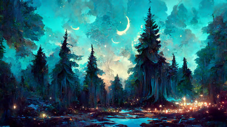 Forest at night illuminated by moonlight 3D illustration
