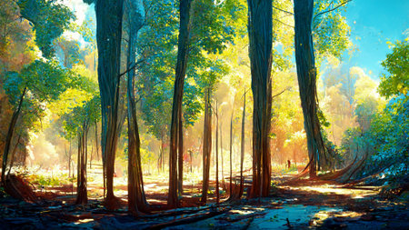 forest in the sunny morning 3D illustrationの写真素材