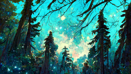 Forest scene under starry sky 3D illustrationの写真素材