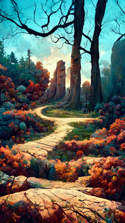Panorama of the forest at dusk stone road 3D illustrationの写真素材