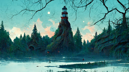 Forest secret adventure at night 3D illustrationの写真素材