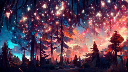 Forest scene under starry sky 3D illustration
