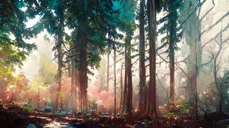 Panorama of foggy forest. in a misty day 3D illustration