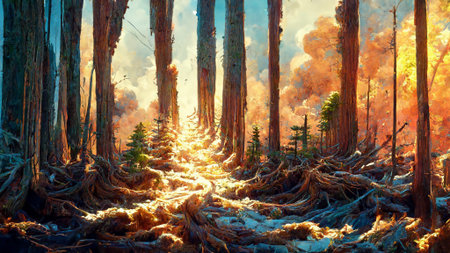 The competition of pines to maintain the required sunlight 3D illustration