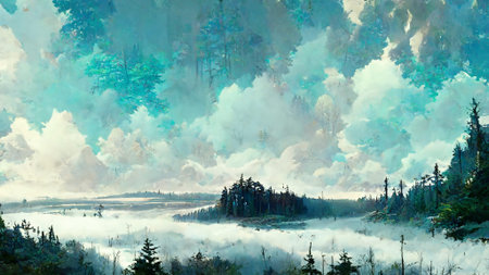 Panorama of foggy forest. in a misty day 3D illustration