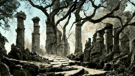 forest old ruin of Greek city or Roman empire historical 3D illustrationの写真素材