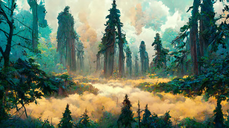 Panorama of foggy forest. in a misty day 3D illustration