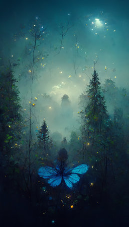 forest blue glowing butterflies mild fog moonlight 3D illustrationの写真素材