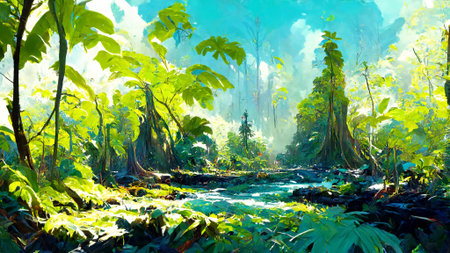 Rainforest forest in the sunny morning 3D illustration