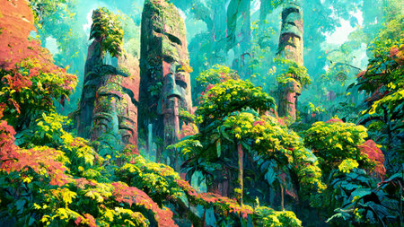 Tropical Rainforest forest Maya ancient culture 3D illustration