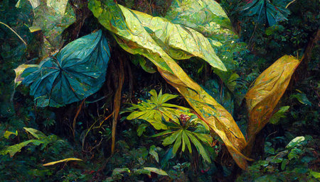 oil painting of the jungle canopy big leaves flowers detailed 3D rendering