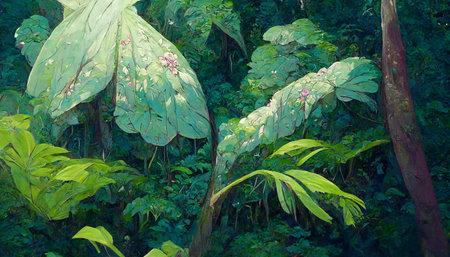 oil painting of the jungle canopy big leaves flowers detailed 3D rendering