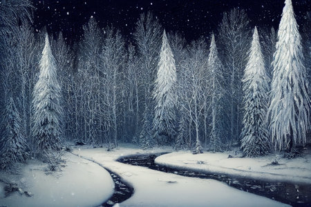 Snowy Christmas Night Frozen Forest 3D illustrationの写真素材