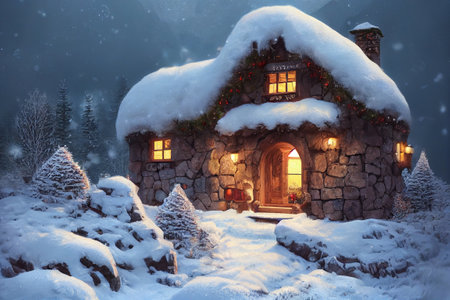 Christmas a small cottage on top 3D illustrationの写真素材