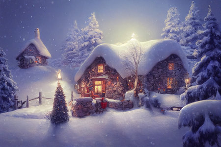 Christmas a small cottage on top 3D illustrationの写真素材
