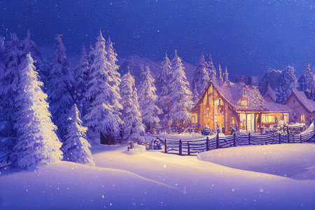 Beautiful winter house and christmas tree on the mountainの写真素材