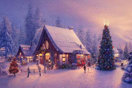 Beautiful winter house and christmas tree on the mountainの写真素材