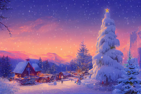 Beautiful winter house and christmas tree on the mountainの写真素材