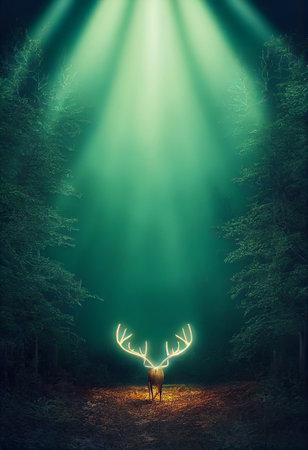 A Mystical Deer with large Antlers Within a Forest with a biolの写真素材
