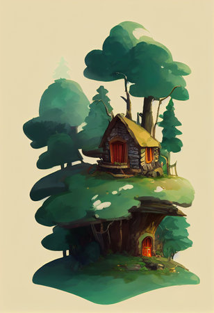 A small cabin on top of a forest mountainの写真素材