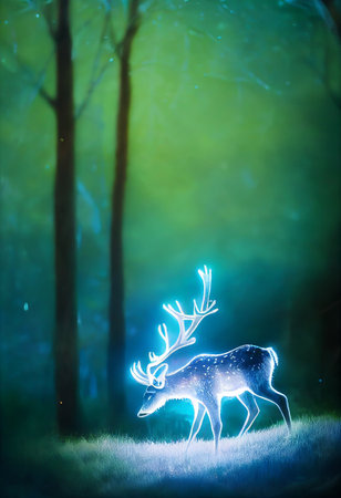 A Mystical Deer with large Antlers Within a Forest with a biolの写真素材