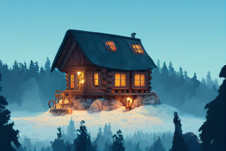 A small cabin on top of a forest mountainの写真素材
