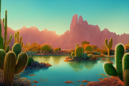 Desert Oasis Pond and Cactus illustrator backgroundの写真素材