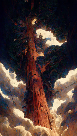 looking up at a massive redwood tree dramatic lighiting