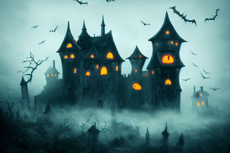 Halloween Ghost Castle Forest 3D illustrationの写真素材