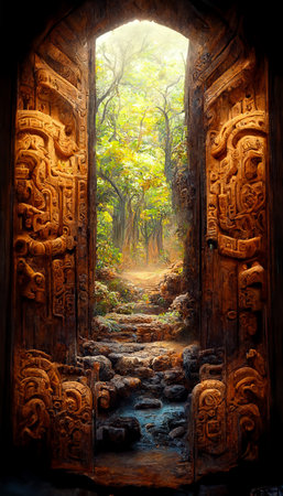 carved mayan door magical atmosphere forestの写真素材