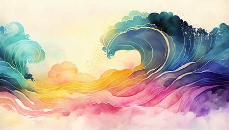 Watercolor texture waves soft color w wavy backgroundの写真素材