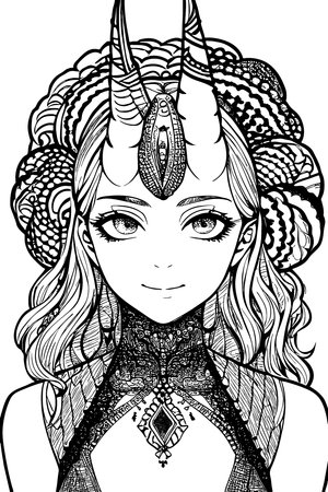 A beautiful girl, featuring decorations and costumes, doodle, coloring book. Vector illustrationのイラスト素材