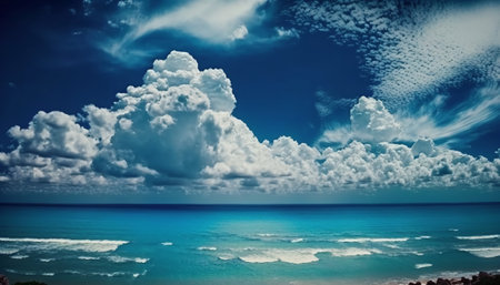 Pure blue sky white clouds and oceanの写真素材