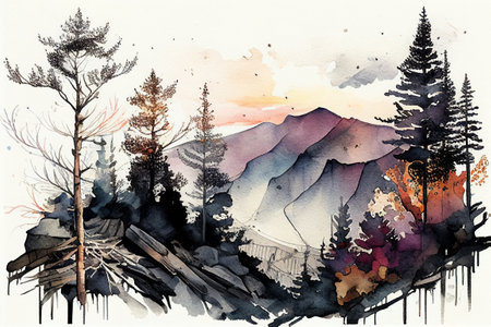 Watercolor illustration. Mountain views trees skyの写真素材