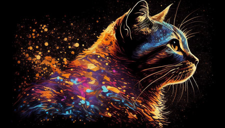 Colorful hand drawn illustration of a cat with colorful abstract background.の写真素材