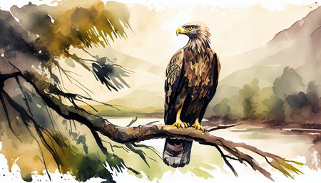 Watercolor painting of a bald eagle on a branch in the wildの写真素材