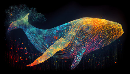 Vector illustration of a whale in the ocean. Colorful background.の写真素材