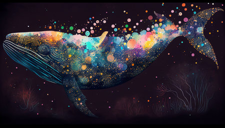 Hand drawn watercolor whale in the night sky with colorful splashesの写真素材