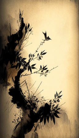 Ink painting Chinese classical Tang poetry style backgroundの写真素材