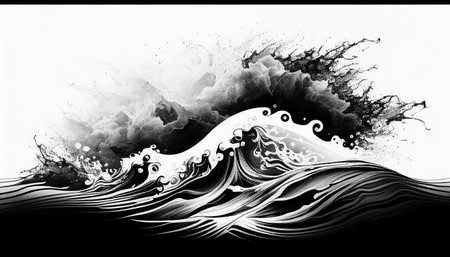 Ink texture waves soft black and white wavy backgroundの写真素材