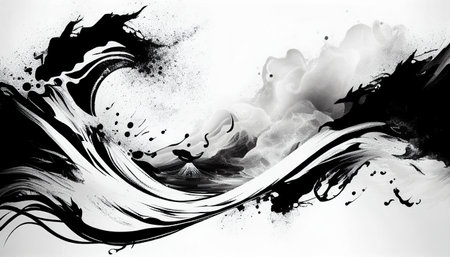 Ink texture waves soft black and white wavy backgroundの写真素材