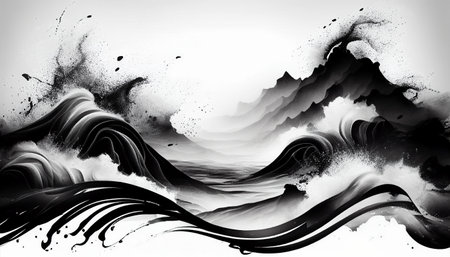 Ink texture waves soft black and white wavy backgroundの写真素材