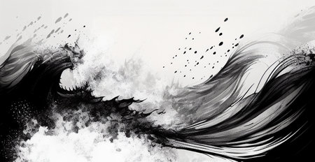 Ink texture waves soft black and white wavy backgroundの写真素材