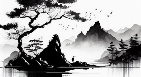 Ink painting in the style of classical Chinese landscape paintの写真素材